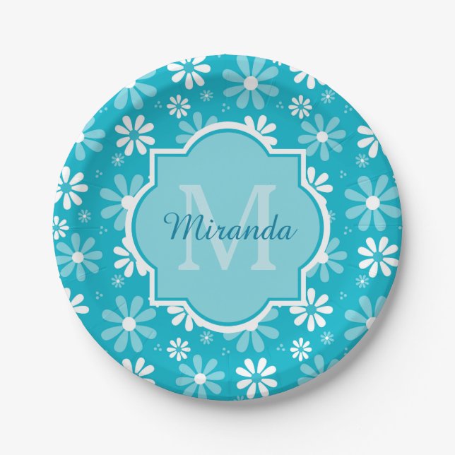 Assiettes En Carton Fille Monogramme Turquoise Daisy Fleurs Avec Nom (Devant)
