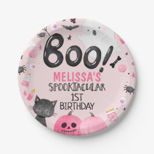 Assiettes En Carton Fille noire rose Boo Halloween anniversaire