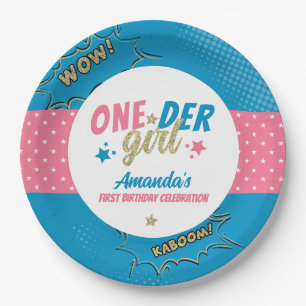 Assiettes En Carton Fille Oneder Rose et Bleu Premier Anniversaire