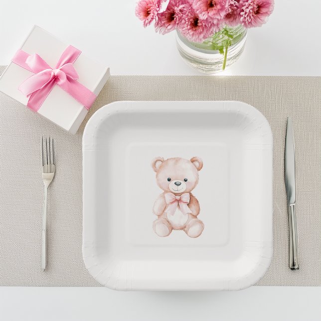 Assiettes En Carton Fille ours en peluche Baby Shower Papier (Girl Teddy Bear Balloons Baby Shower Paper Plates)