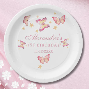 Assiettes En Carton Fille papillon rose 1er anniversaire