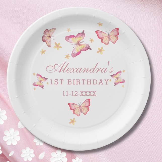Assiettes En Carton Fille papillon rose 1er anniversaire (Créateur téléchargé)