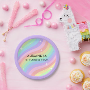 Assiettes En Carton Fille pour le 4ème anniversaire arc-en-ciel Quatri