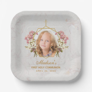 Assiettes En Carton Fille Première Communion Photo Marbre Pink Orchidé