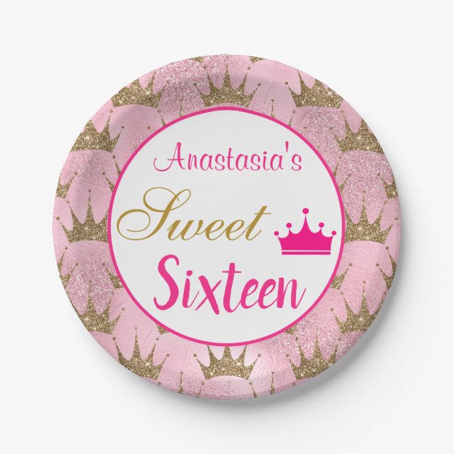 Assiettes En Carton Fille princesse Hot rose Parties scintillant or Sw (Devant)