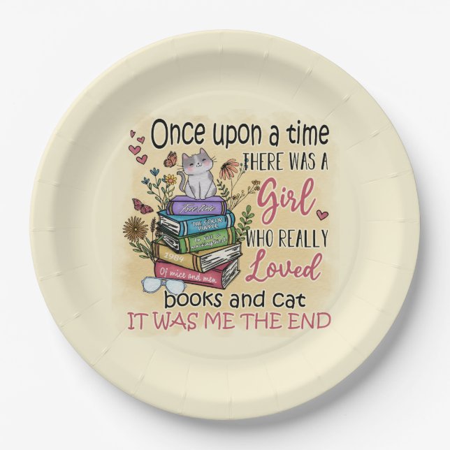 Assiettes En Carton Fille qui aime les livres et les chats (Devant)