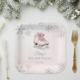 Assiettes En Carton Fille qui fait du patin à glace rose Anniversaire
