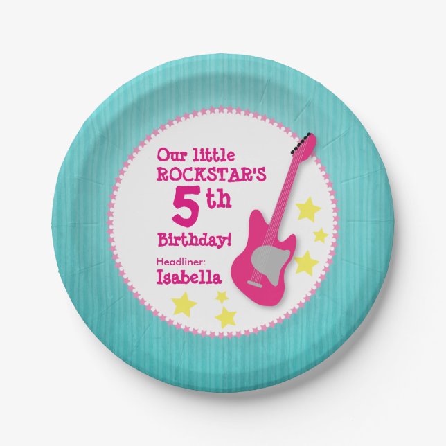 Assiettes En Carton Fille Rockstar Anniversaire avec guitare rose (Devant)