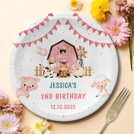 Assiettes En Carton Fille rose Animaux de ferme Anniversaire