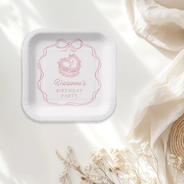 Assiettes En Carton Fille rose Bow à main moderne Anniversaire (Créateur téléchargé)