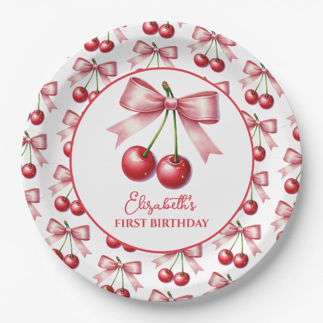 Assiettes En Carton Fille rose Coquette rouge Cherry premier anniversa (Devant)