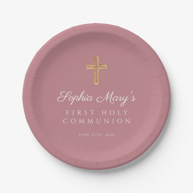Assiettes En Carton Fille rose Croix religieuse Première communion (Devant)