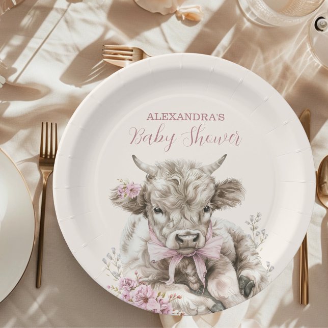 Assiettes En Carton Fille rose Floral Highland Baby shower de vache (Créateur téléchargé)