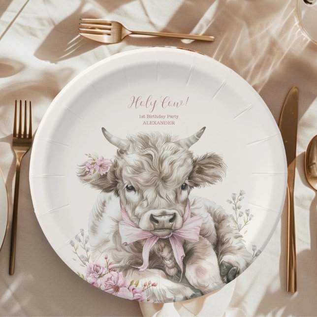 Assiettes En Carton Fille rose Floral Highland Vache 1er anniversaire (Créateur téléchargé)