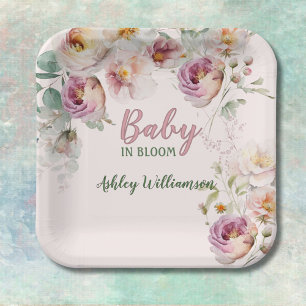 Assiettes En Carton Fille rose florale bébé dans l'aquarelle fleurie