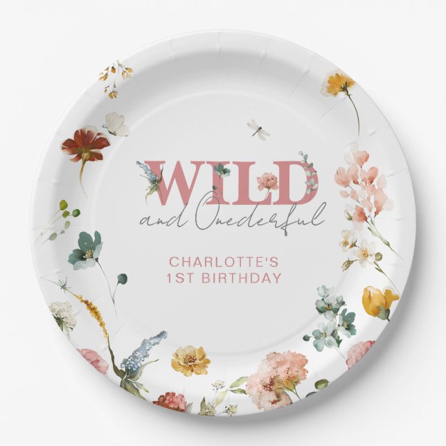 Assiettes En Carton Fille rose florale sauvage 1er anniversaire (Devant)