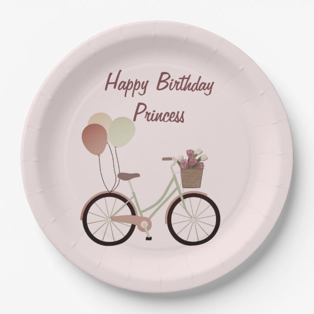 Assiettes En Carton Fille Rose Joyeux Anniversaire Princesse Vélo Ball (Devant)