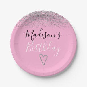 Assiettes En Carton Fille rose Parties scintillant d'argent étincelles
