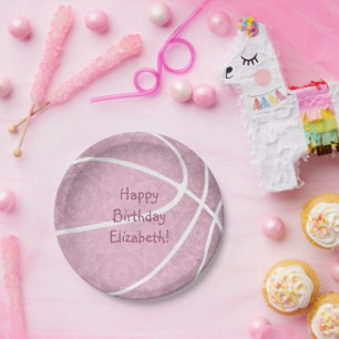 Assiettes En Carton fille rose poussiéreuse basket-ball anniversaire_f