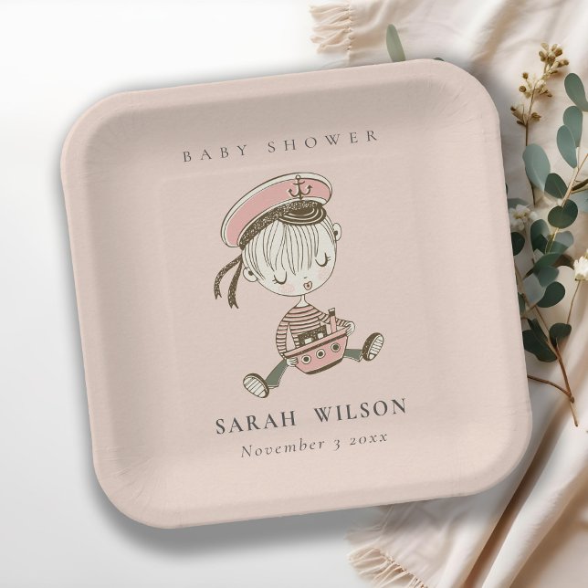 Assiettes En Carton Fille rose rousse Petit Baby shower marin Nautique (Créateur téléchargé)