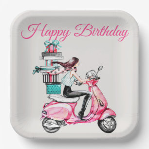 Assiettes En Carton Fille sur un scooter avec des cadeaux