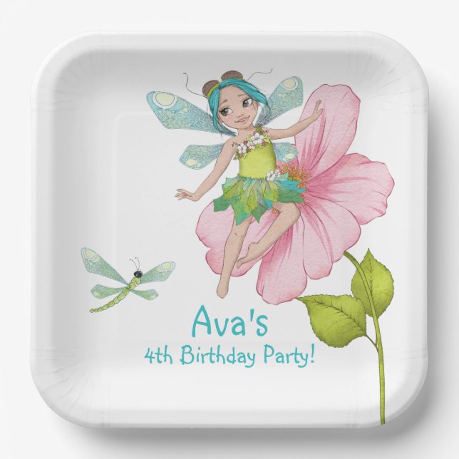 Assiettes En Carton Fille Turquoise Vert rose libellule Anniversaire (Recto)