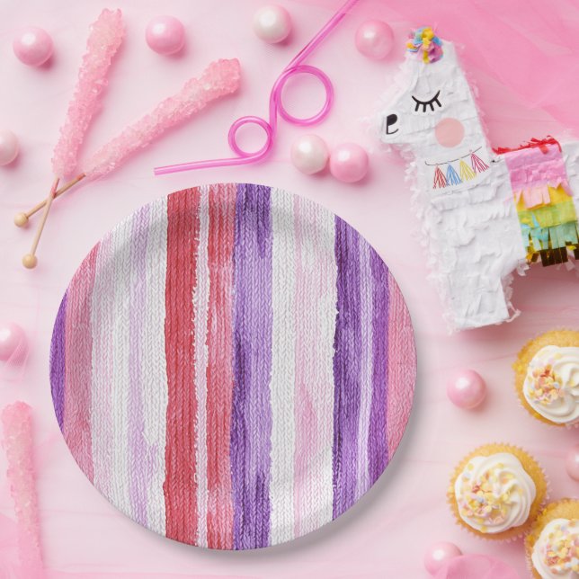 Assiettes En Carton Fille violet rose rose rouge rayures Anniversaire (Fête)