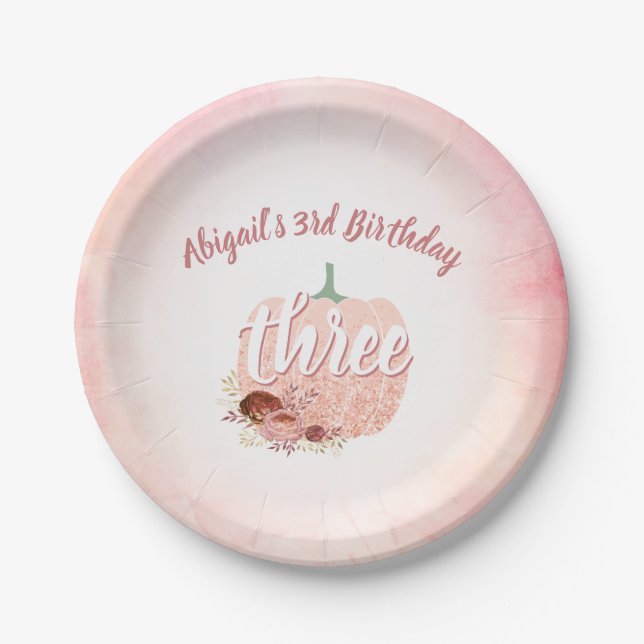 Assiettes En Carton Filles 3e anniversaire Rose Citrouille de Parties  (Devant)