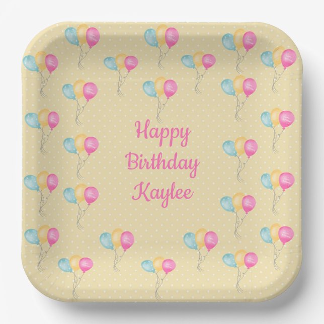 Assiettes En Carton Filles Anniversaire Jaune Pois Et Ballons (Recto)