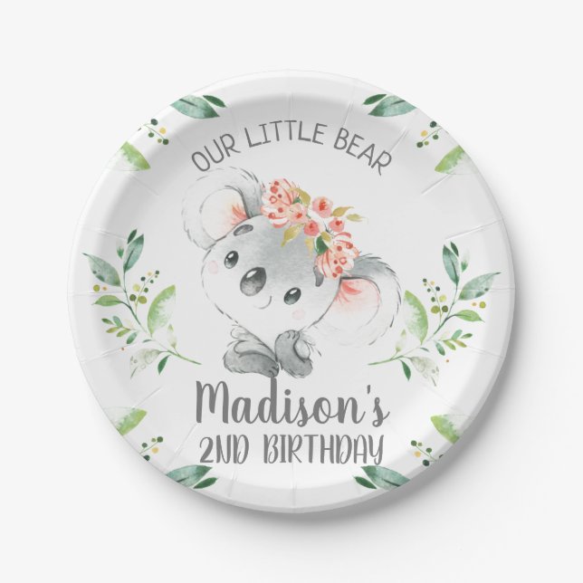 Assiettes En Carton Filles Aquarelle Koala Ours Anniversaire (Devant)