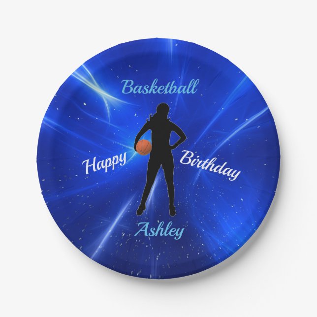 Assiettes En Carton Filles Basketball Bleu Plaques de papier d'anniver (Devant)