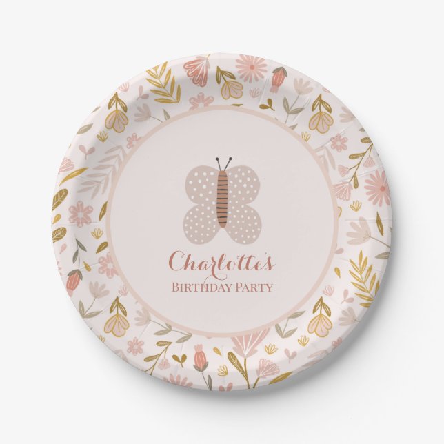 Assiettes En Carton Filles Gingham Rose Papillon Fleur Sauvage  (Devant)