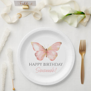 Assiettes En Carton Filles mignonne Papillon rose pâle 1er anniversair
