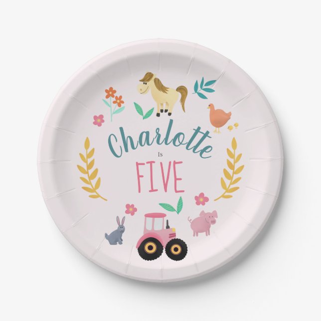 Assiettes En Carton Filles mignonne Rustique Rose ferme Animaux Annive (Devant)
