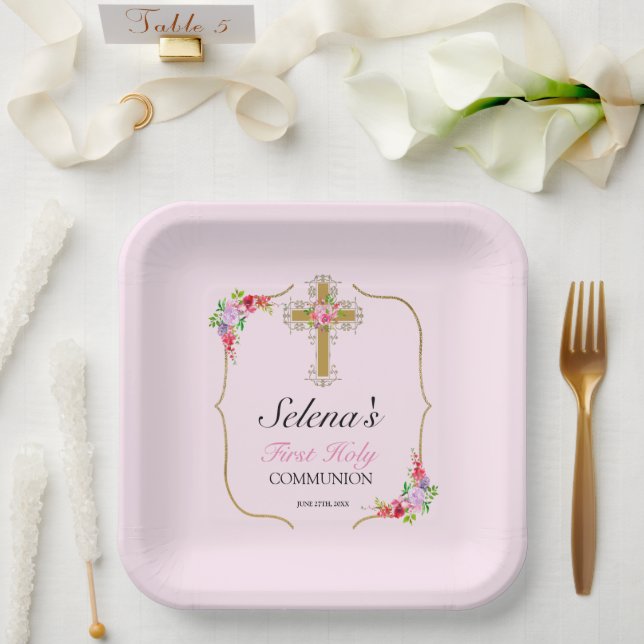 Assiettes En Carton Filles Première Sainte Communion Jolie Florale (Mariage)
