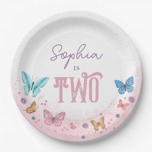 Assiettes En Carton Filles Rose Aquarelle Papillon mignonne Anniversai (Devant)