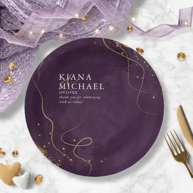 Assiettes En Carton Fine Lines Gold Abstract Mariage V1 Plum ID867 (Créateur téléchargé)