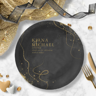 Assiettes En Carton Fine Lines Gold Abstrait Mariage V1 Black ID867