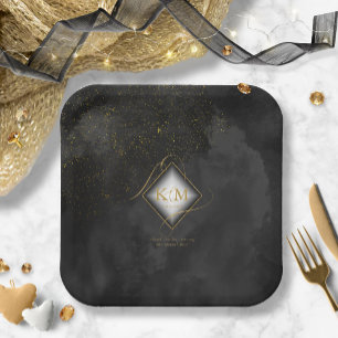 Assiettes En Carton Fine Lines Gold Abstrait Mariage V2 Black ID867