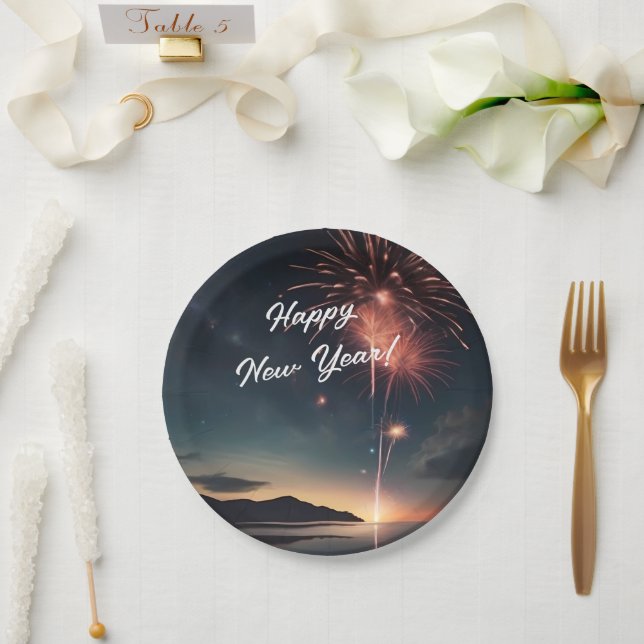 Assiettes En Carton Fireworks Thème Script Caligraphie Bonne année (Mariage)