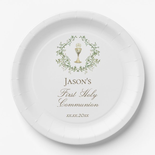 Assiettes En Carton First Communion greenery crest chalice (Devant)