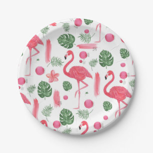Assiettes En Carton Flamant élégant tropical d'aquarelle rose floral