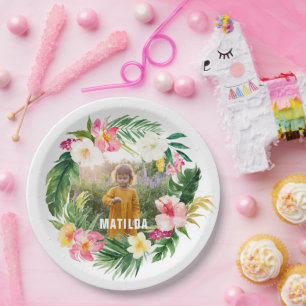 Assiettes En Carton flamant jaune rose floral tropical chic