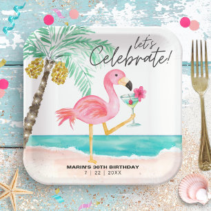Assiettes En Carton Flamant rose Beach Party Cocktail tropical Anniver