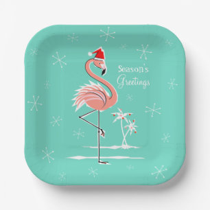 Assiettes En Carton Flamant rose de Noël Bonnes Fêtes carré