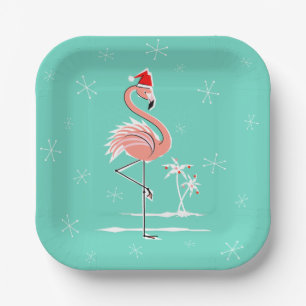 Assiettes En Carton Flamant rose de Noël carré