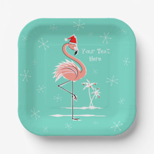 Assiettes En Carton Flamant rose de Noël carré de texte