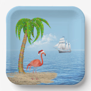 Assiettes En Carton Flamant rose de Noël et palmier