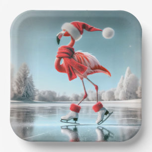 Assiettes En Carton Flamant rose de Noël Patinage sur glace