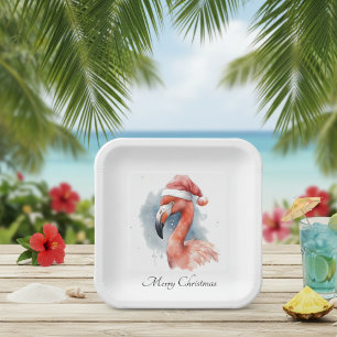 Assiettes En Carton Flamant rose de Noël, personnalisable